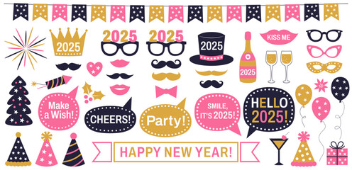 New Year's Eve 2025 party props, speech bubbles with holiday phrases, hats, glasses, lips, mustaches, scrapbooking design elements