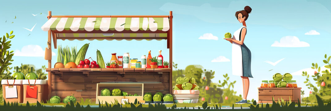 A businesswoman presenting her eco-friendly products on a rustic outdoor market stand.