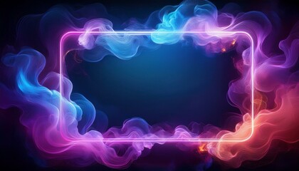 flowing clouds of neon smoke frame with copy space in center dark abstract background