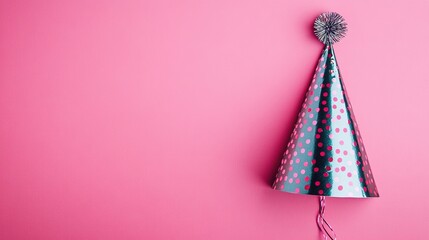 Polka dot party hat on pink background with space