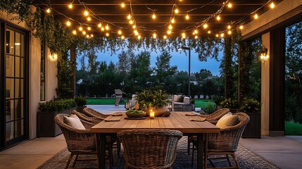 Fototapeta premium Evening gathering outdoor patio dining setup cozy atmosphere relaxed vibe