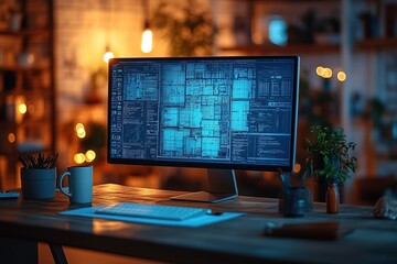 A computer monitor is on a desk with a cup of coffee next to it