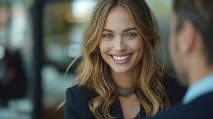 Naklejka premium Smiling woman in business attire at a job interview.