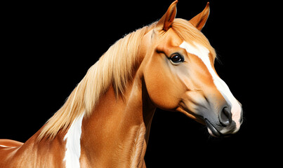 Stunning chestnut palomino horse portrait against a black background, showcasing its beautiful coat and markings.