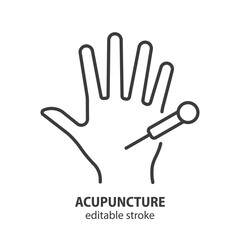 Acupuncture line icon. Hand with acupuncture needle. Vector illustration. Editable stroke.