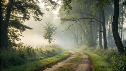 Fototapeta premium A misty forest path unfolding as morning dew evaporates, greenery, dew, , forest, morning
