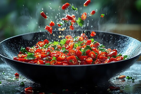 A bowl of food with red peppers and cilantro