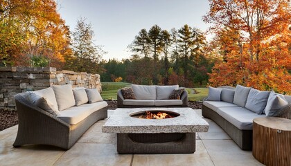 modern farmhouse outdoor patio with light grey marble wood furniture natural stone fire pit cozy autumn atmosphere