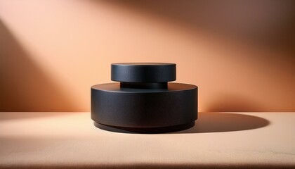 modern two tiered display pedestal with a small black top platform on a textured beige base soft warm lighting and a peach background create a stylish minimalist aesthetic