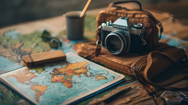 a camera and a map on a table