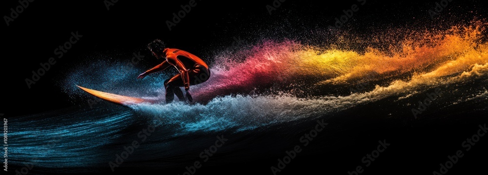 Poster a vibrant surfer riding a wave, creating a colorful splash against a dark background.