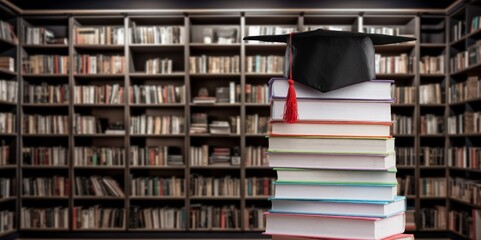 Background of graduation hat in school library