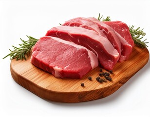 raw sliced meat on wooden cutting board isolated on white or transparent 