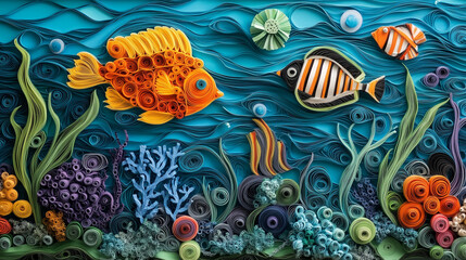 Fototapeta premium underwater scene with quilled fish, seaweed, and corals. 