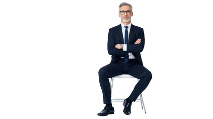 A man in a suit sitting confidently on a chair with arms crossed. Transparent background.