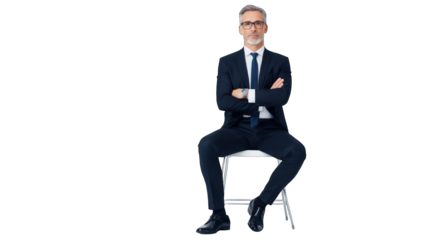 A man in a suit sitting confidently on a chair with arms crossed. Transparent background.
