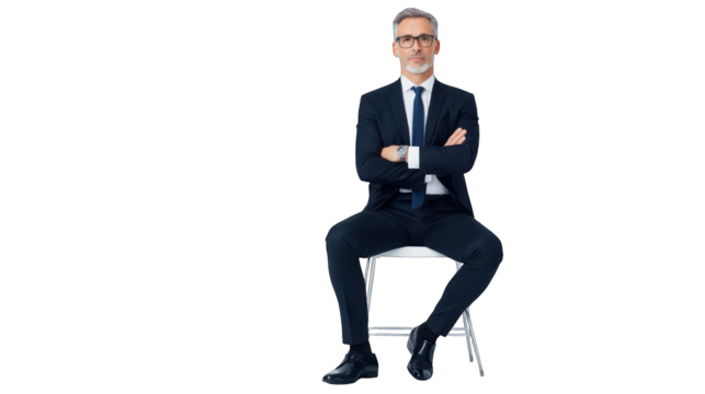 A man in a suit sitting confidently on a chair with arms crossed. Transparent background.