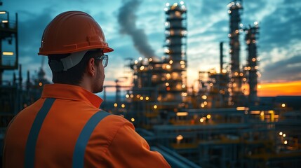 A man in an orange safety vest stands on a bridge overlooking a large industrial plant