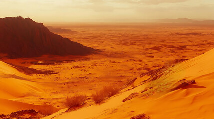 Fototapeta premium serene desert scene showcasing vast orange sand dunes and distant mountains, evoking sense of tranquility and natural beauty