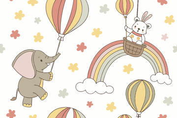 Playful Children's Cartoon Seamless Pattern with Animals, Balloons, and Toys
