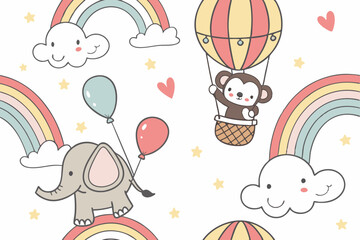 Playful Children's Cartoon Seamless Pattern with Animals, Balloons, and Toys
