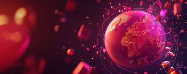GDP economics background. A vibrant, digital representation of Earth, surrounded by floating red geometric shapes against a dark background, suggesting a futuristic or cosmic theme.