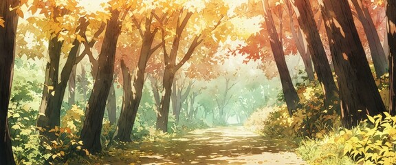 Autumn forest path with golden leaves and lush green underbrush on a sunlit day