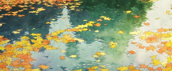 Autumn river with golden leaves floating on calm, reflective water