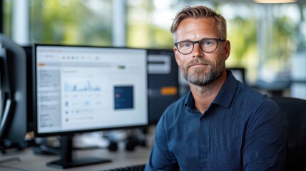 Serious focused businessman wearing glasses and beard working diligently on computer in modern office setting engaged in data analysis research or other corporate tasks