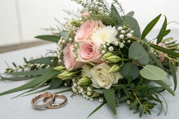 A bouquet of flowers placed at the center of two wedding rings surrounded by lush greenery, marriage, greenery