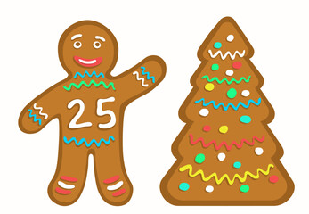 Gingerbread man with the number 25 symbolizing the New Year 2025. Cookie stylized Christmas tree. Inscription twenty third year or anniversary. Isolated on white background. Vector illustration.