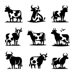 Collection of Nine Cow Silhouettes: Dairy Farm Animals Graphics. Black and White Logo