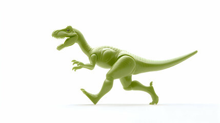 Fototapeta premium A vibrant green plastic dinosaur toy in a running pose, isolated on a white background. Perfect for children's books, educational materials, or playful designs.