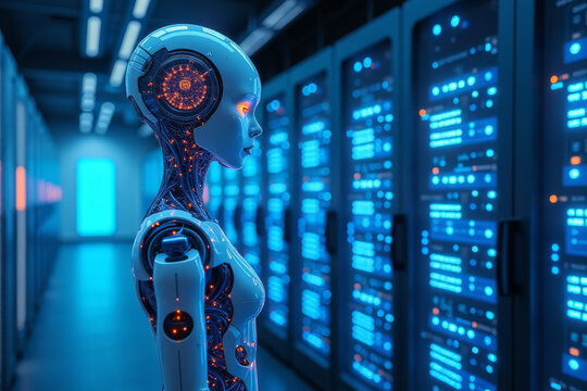 Humanoid AI robot in a neon litas data center representing advanced technology  