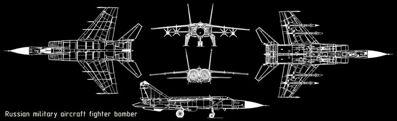 Drawing of russian military aircraft fighter bomber.
General view of war plane.
Top, front, bottom views with rockets. 
Computer cad scheme. 