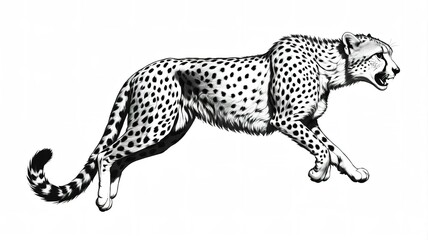 Fototapeta premium Sleek black silhouette of a cheetah mid-jump, perfect for logos, isolated on a white background. 