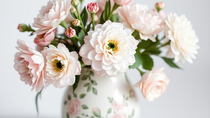 Obraz premium A close-up of a delicate, hand-painted ceramic vase filled with pastel-colored flowers, ceramics, floral arrangements, oil painting