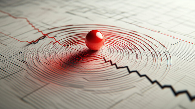 Abstract representation of seismic activity with red concentric circles and a red sphere on a grid pattern