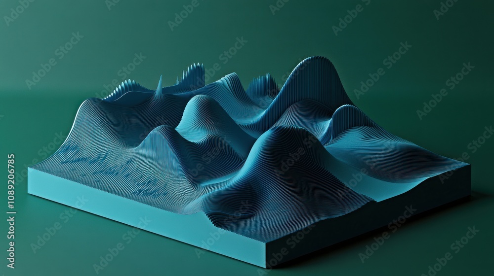 Poster Abstract 3D landscape model in blue tones, showcasing undulating forms and textures.