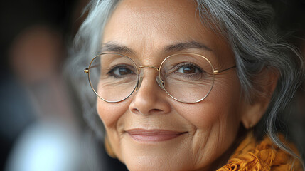 Older woman with gray hair and glasses smiling warmly in a social setting during daytime. Generative AI