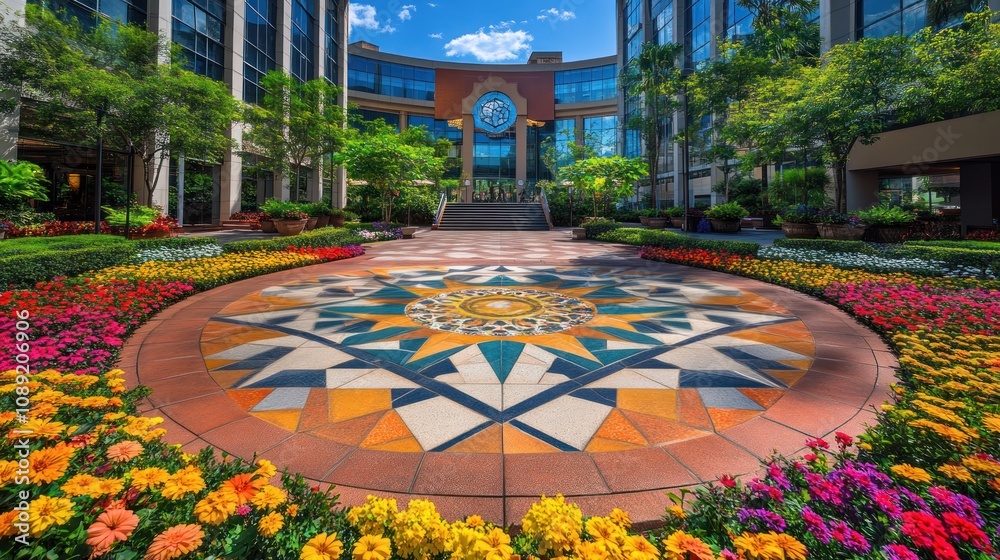 Poster a vibrant courtyard with colorful flowers and geometric patterns under a bright sky.