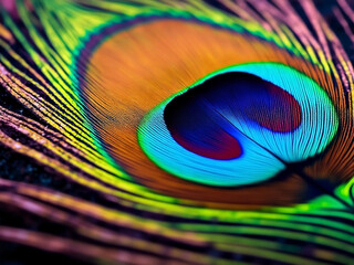 Obraz premium Closeup of a beautiful and colorful green, orange and blue peacock feather