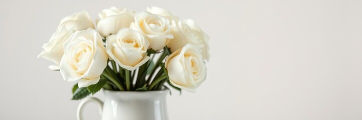 Obraz premium A cluster of pure white roses fills a dainty, porcelain-like ceramic mug-style vase, adding a touch of sophistication to any room, delicate blooms, porcelain mug vase, minimalist style