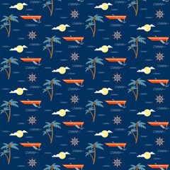 Summer vacation vector seamless  pattern with palm tree, coconut,  boat and paddle, anchor, steering wheel, sun and waves. Aloha party, Hawaii concept. Can be used in textile and wallpaper, wrapping-p