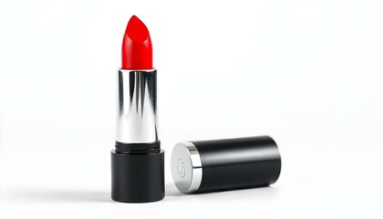 Fototapeta premium Red lipstick in a black and silver tube isolated on a white background