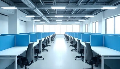 Open office space with rows of blue cubicle dividers and copy space