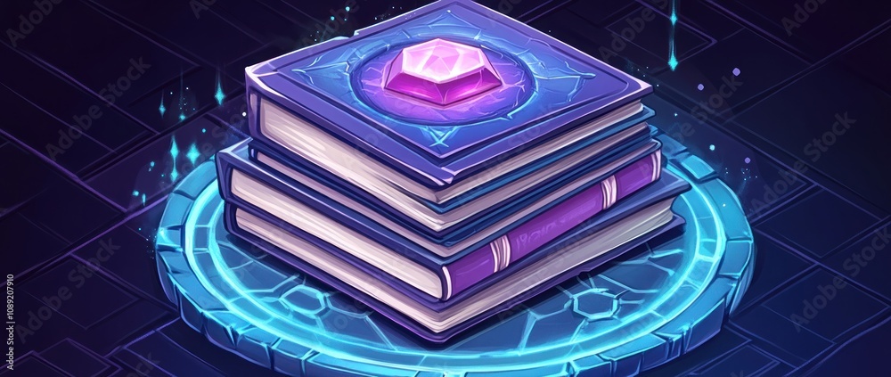 Poster A stack of magical books with a glowing gem on top, set on a mystical circular platform.