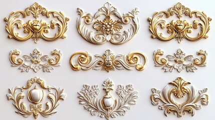 Exquisite Retro Lace and Gilded Decorative Elements: Elegant Swirls and Ornaments in Symmetrical Vector Design for High-Resolution Professional Photos