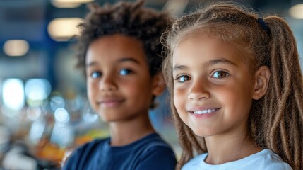 Fototapeta premium Diverse group of happy smiling children a girl and a boy enjoying time together expressing joy and friendship in a casual indoor setting