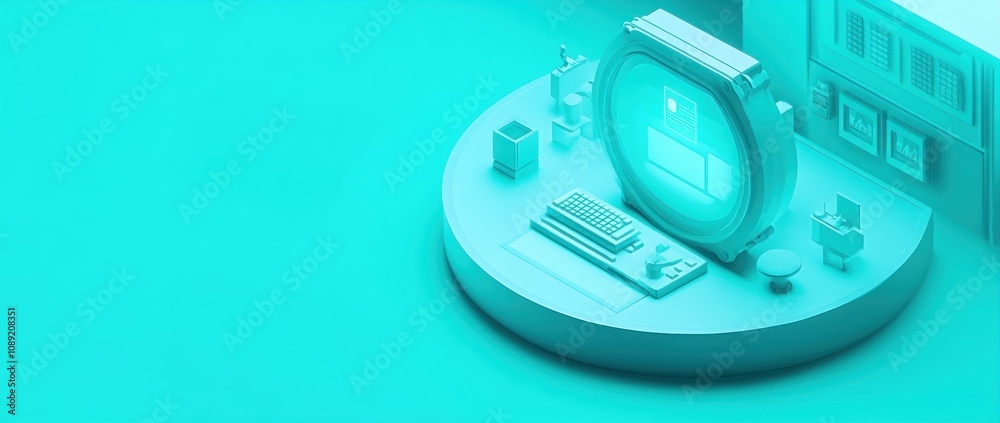 Poster A stylized, futuristic computer setup with a circular monitor and minimalist design.